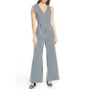 Charles Henry Stripe Tie Shoulder Jumpsuit Navy Size L